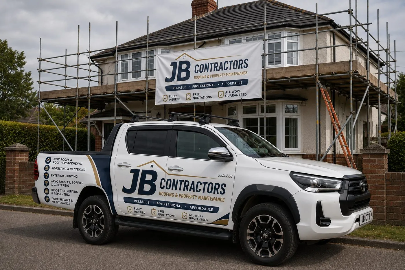 Newquay Roofing pickup truck on site at a scaffolded roofing job in Newquay